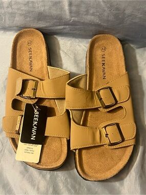 Seekavan Tan Double-Buckle Slide Sandals